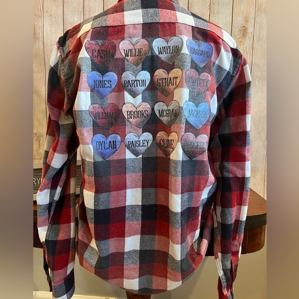 Country Music Legends Name in Hearts Distressed Flannel